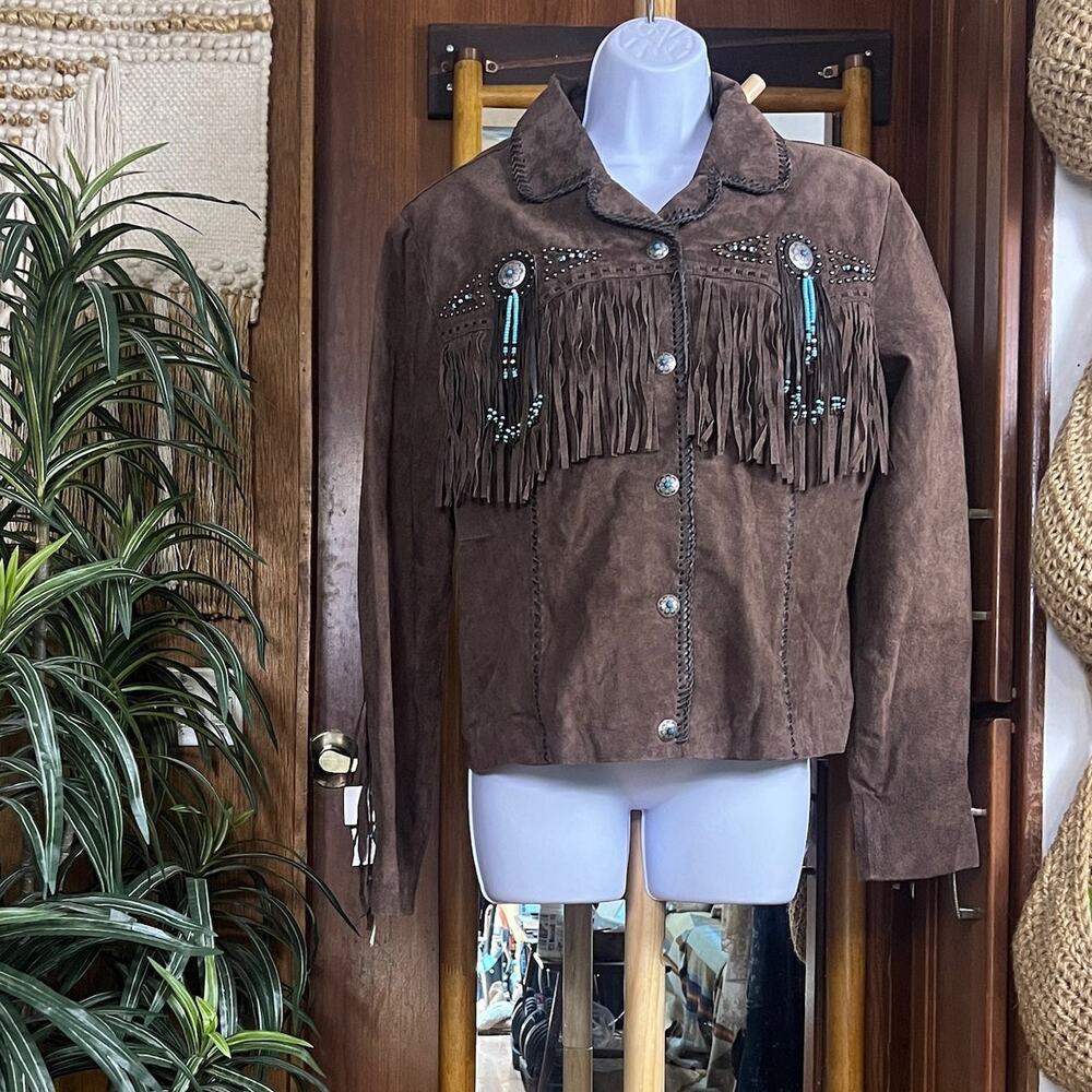 Scully Suede Fringe Jacket Womens XL Brown Concho Beaded Western L152 Turquoise